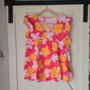 Floral Flutter Sleeve Top - Pink & Yellow